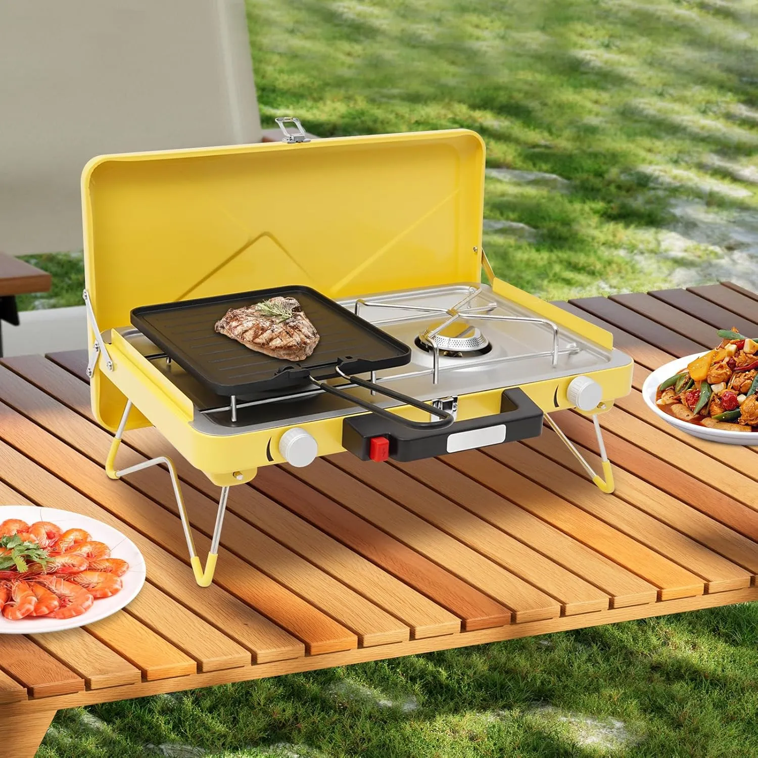 2 Burner Portable Camping Stove Propane 7000W Folding Camp Stove for Camping Portable Foldable Cooking Gas Stove with Carrying Bag for Outdoor Cooking, BBQ & Tailgating Yellow