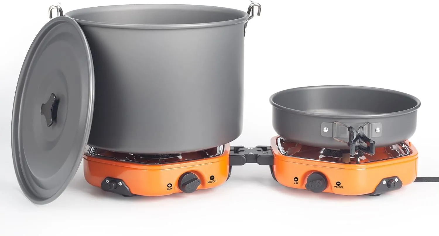 2 Burner Portable Folding Propane Camping Stove with Camping Cookware