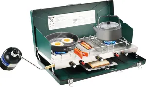 2 Burner Propane Camping Stove, Portable Camp stove/Grill with Adjustable Burners, Wind Guards, Toast Tray, Push-Button Instant Ignition, Total 20400 BTU for Camping, Picnics, Backyard BBQ