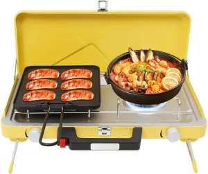 2-Burner Propane Camping Stove with Piezoelectric Ignition Device, Portable Cooktop with Wind Guards, Camping Stove with Non-stick Tray for Outdoor, Backyard BBQs, Beach Cookouts Use, 3500W