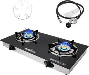 2 Burner Propane Gas Cooktop,Camping Portable LPG Gas Stove, Auto Ignition Tempered Glass Countertop with regulator burner grate