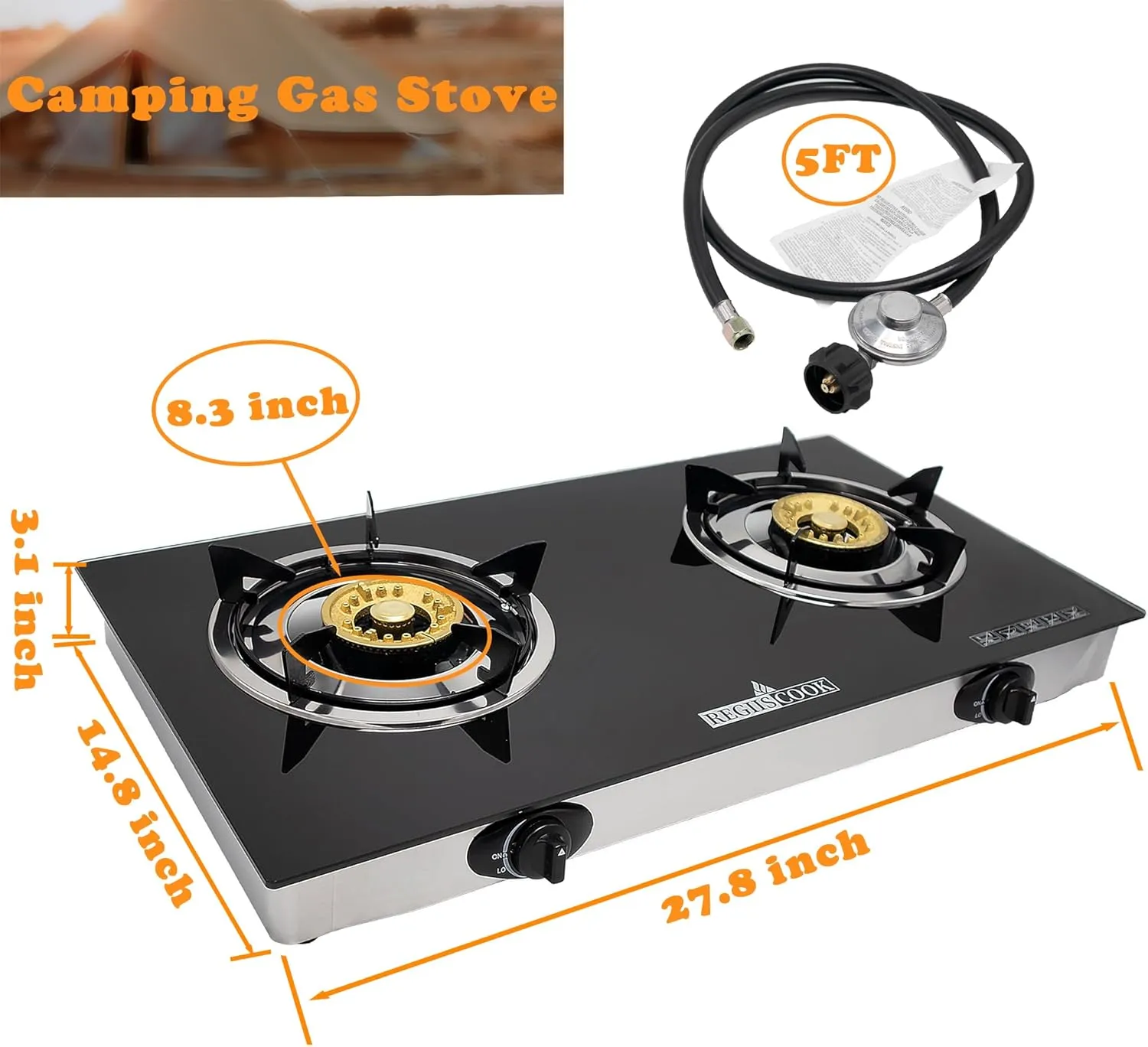2 Burner Propane Gas Cooktop,Camping Portable LPG Gas Stove, Auto Ignition Tempered Glass Countertop with regulator burner grate