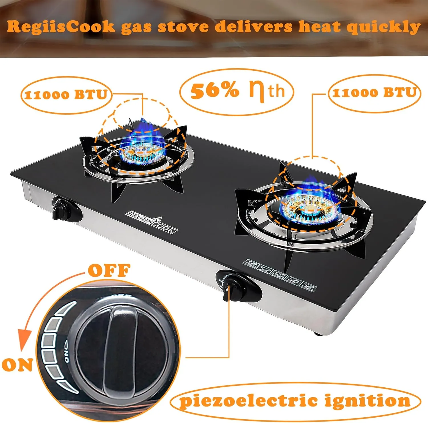 2 Burner Propane Gas Cooktop,Camping Portable LPG Gas Stove, Auto Ignition Tempered Glass Countertop with regulator burner grate
