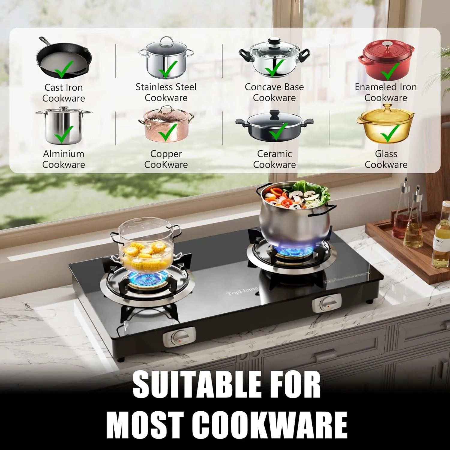 2 Burner Propane Stove 27,200 BTU High-Efficiency Tempered Glass Auto-Ignition Gas Burner Stove Top with CSA Hose for Outdoor RV Camping Emergency Cooking