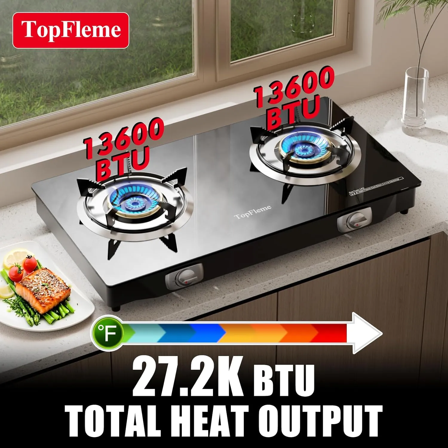 2 Burner Propane Stove 27,200 BTU High-Efficiency Tempered Glass Auto-Ignition Gas Burner Stove Top with CSA Hose for Outdoor RV Camping Emergency Cooking