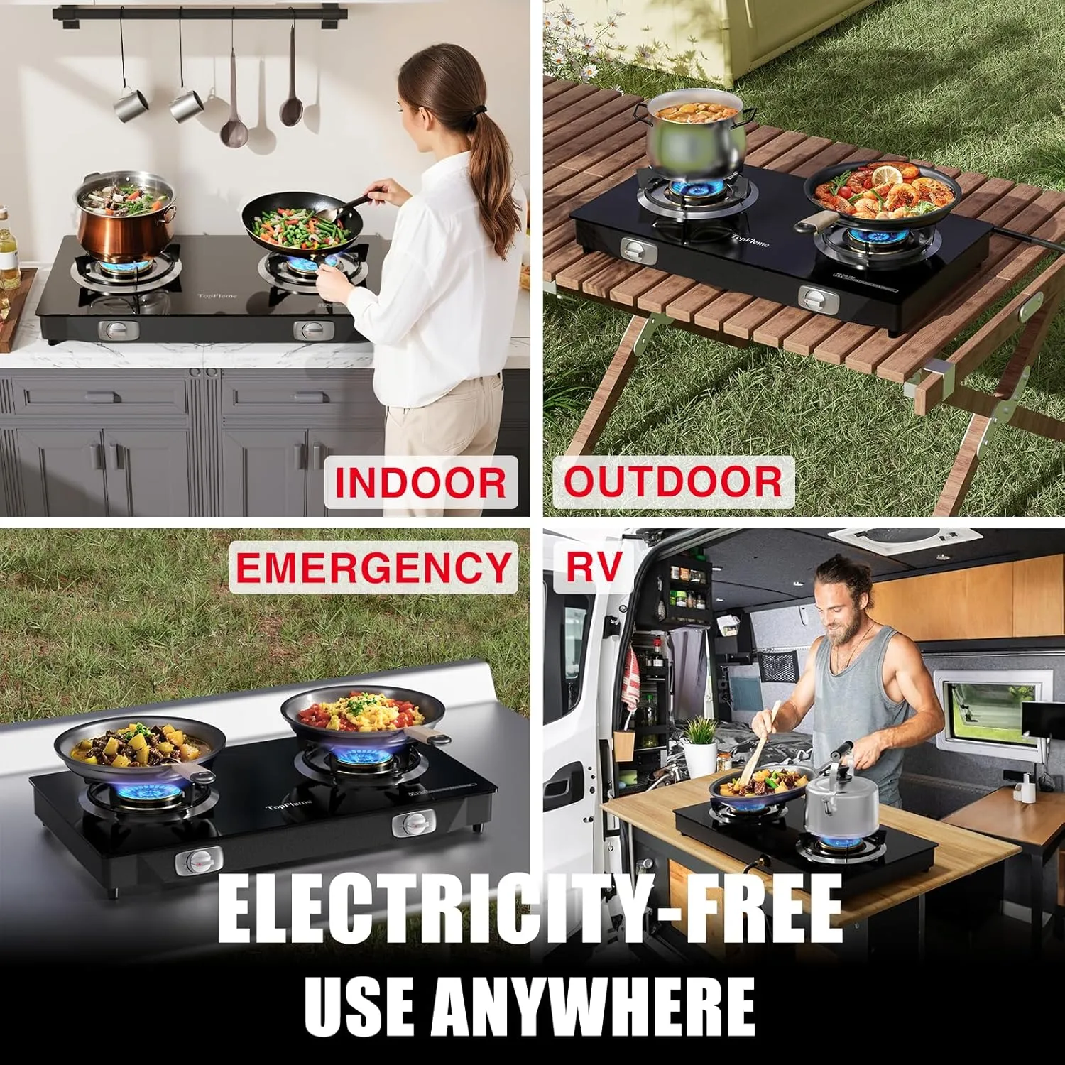 2 Burner Propane Stove 27,200 BTU High-Efficiency Tempered Glass Auto-Ignition Gas Burner Stove Top with CSA Hose for Outdoor RV Camping Emergency Cooking