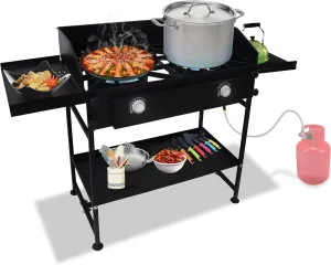2 burner propane stove Gas Burner -150,000 High btu Propane Burner Camping Stove W/D Dual side & Bottom Shelf & Wind Panel Double burner Propane Stove outdoor -W/CSA-approved 0-20 PSI regulator & hose