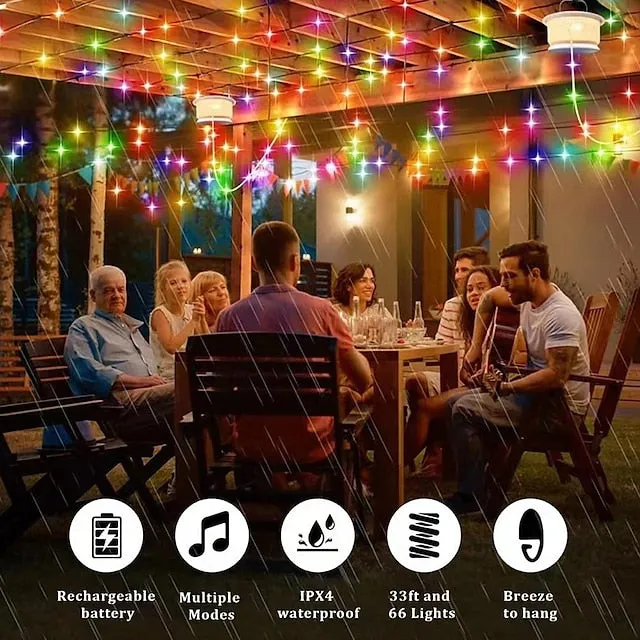 2-in-1 Rechargeable String Lights, 32FT Outdoor Tent LED Camping Lantern, Waterproof String Lights for Outdoor Christmas, Home Party Decorations