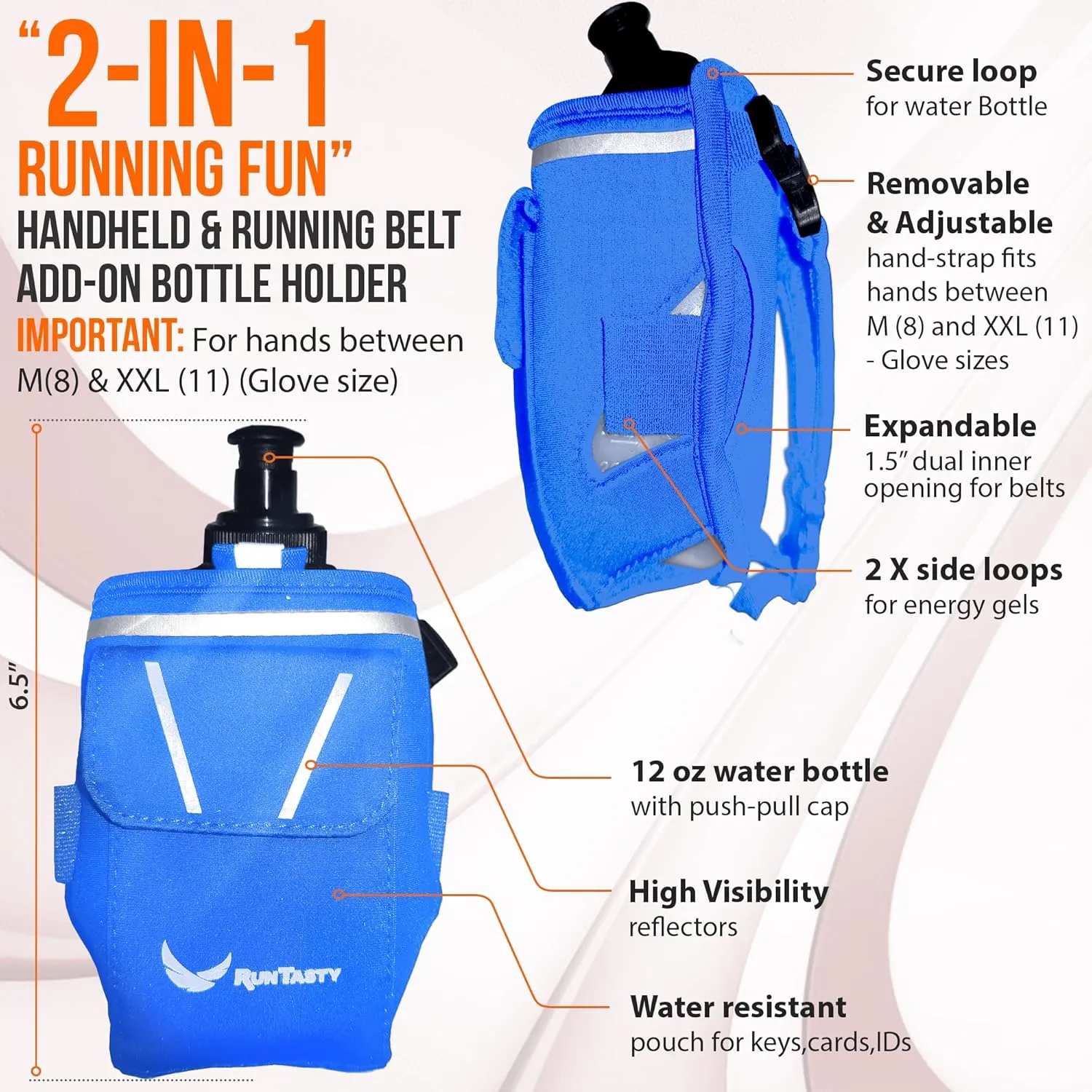 2-in-1 Running Fun – Handheld 12 Oz Water Bottle & Running Belt Add-On – No-Grip Design, Straps on Hand & Slides on Belt, Waterproof Pocket for Money, Keys, Gels – Maximize Time, Freedom & Health