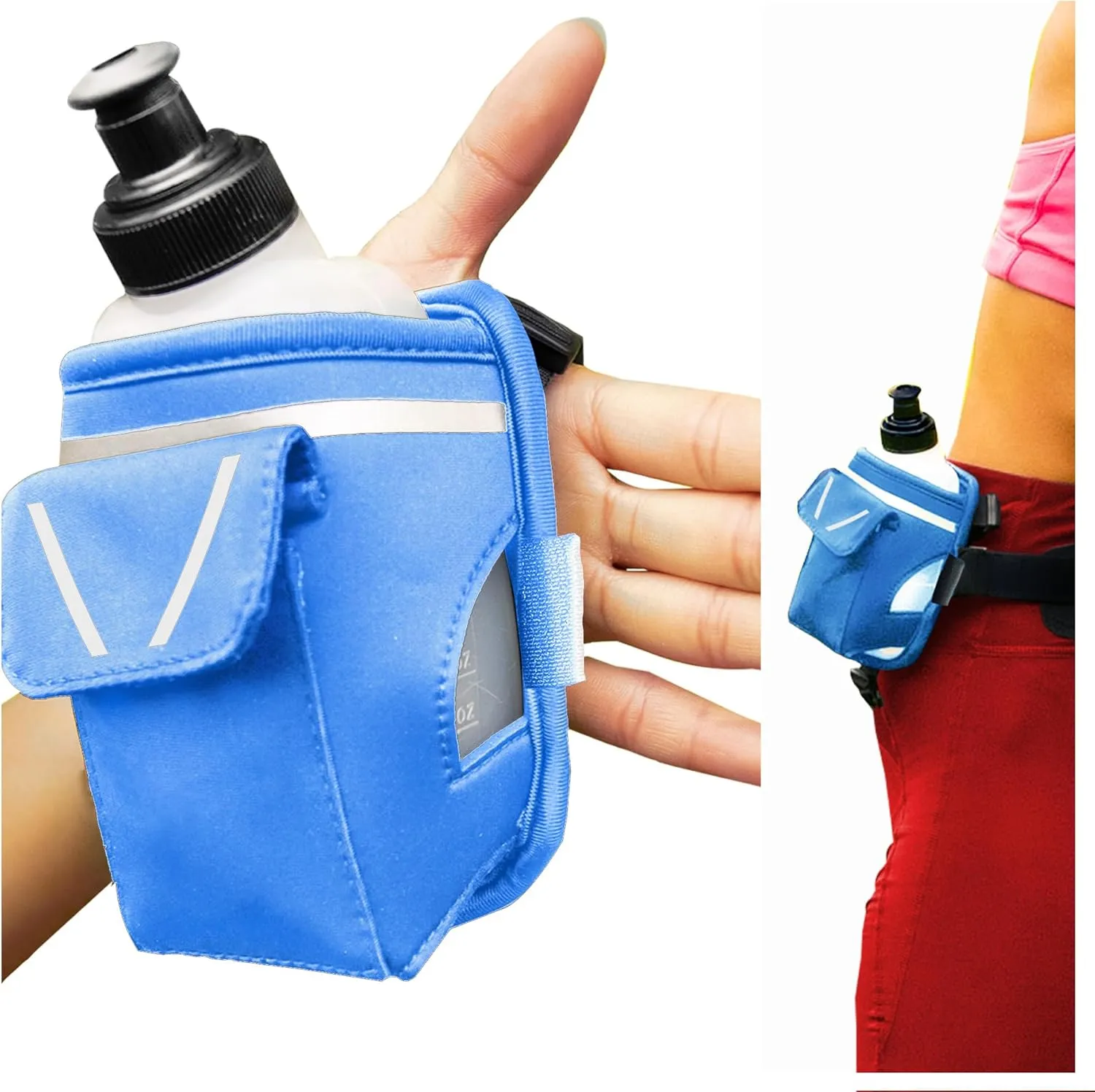 2-in-1 Running Fun – Handheld 12 Oz Water Bottle & Running Belt Add-On – No-Grip Design, Straps on Hand & Slides on Belt, Waterproof Pocket for Money, Keys, Gels – Maximize Time, Freedom & Health