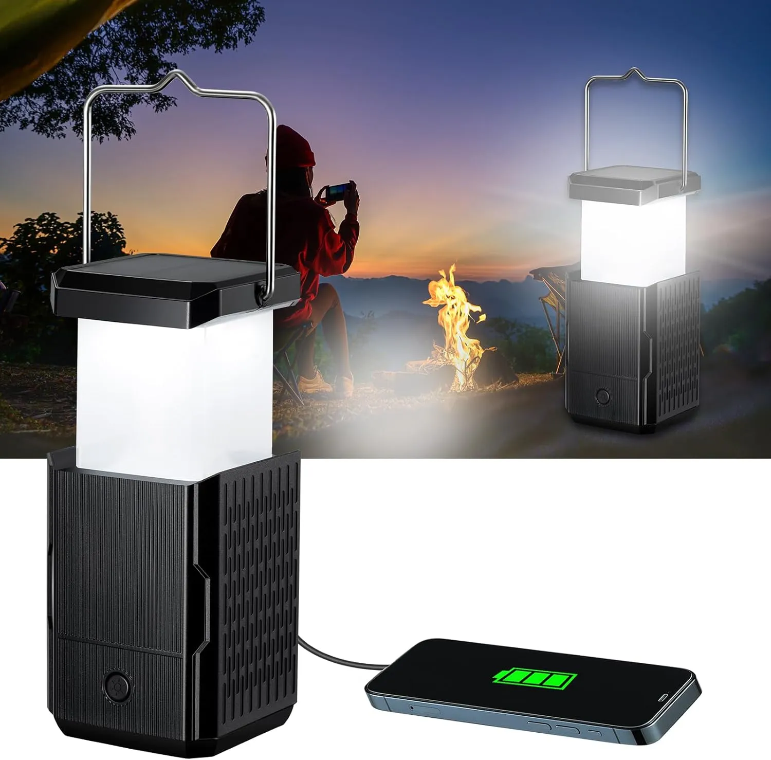 2 Pack Camping Lantern Rechargeable, Hand Crank & Solar Camping Lights with USB Output, Tent Lights for Camping, Portable Camp Lamp, Camping Hurricane Home Power Failure Essentials (Black, 2 Pack)
