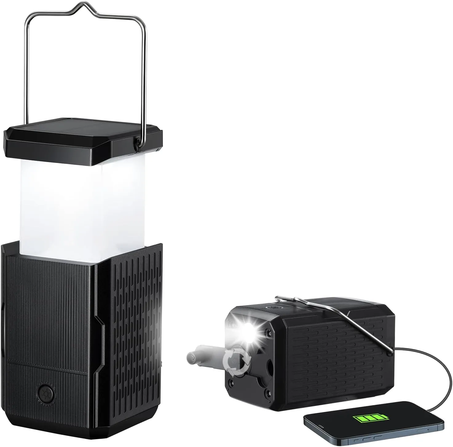 2 Pack Camping Lantern Rechargeable, Hand Crank & Solar Camping Lights with USB Output, Tent Lights for Camping, Portable Camp Lamp, Camping Hurricane Home Power Failure Essentials (Black, 2 Pack)