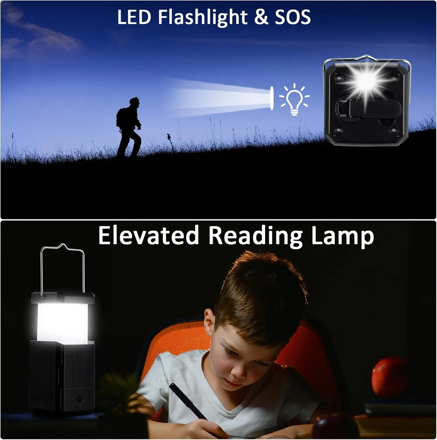 2 Pack Camping Lantern Rechargeable, Hand Crank & Solar Camping Lights with USB Output, Tent Lights for Camping, Portable Camp Lamp, Camping Hurricane Home Power Failure Essentials (Black, 2 Pack)