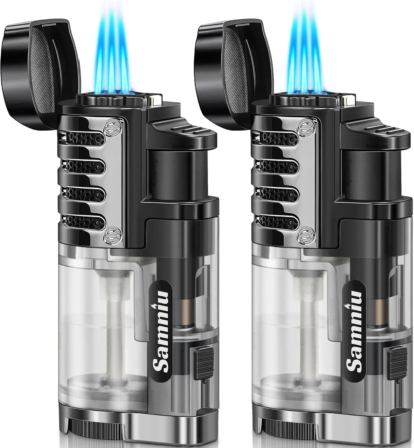 2 Pack of Torch Lighter, Triple Jet Flames, Visible Gas Tank, Butane Gas Refillable, Windproof Pocket Lighters for Candle, Men’s Gift (Gas not Included)