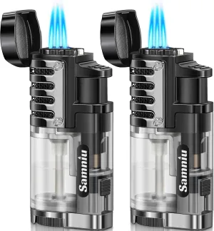 2 Pack of Torch Lighter, Triple Jet Flames, Visible Gas Tank, Butane Gas Refillable, Windproof Pocket Lighters for Candle, Men’s Gift (Gas not Included)