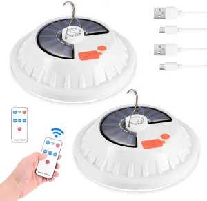 2-Pack Portable Rechargeable Camping Lights, Tent Lights Led Lantern Power Bank Solar Battery Powered, 5 Lighting Modes, IP65 Waterproof Flashlight for Hiking/Emergency/Night