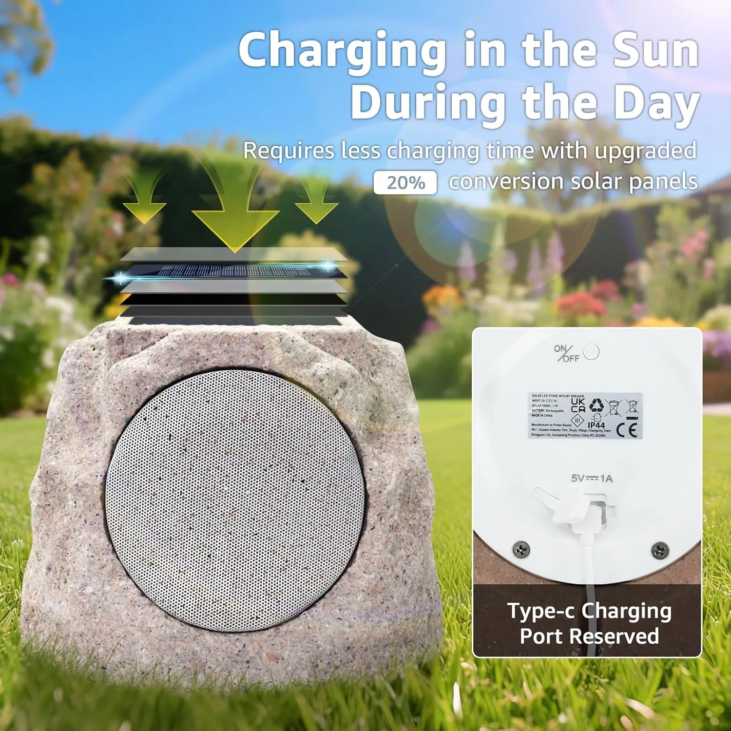 2-Pack Rock Speakers Outdoor Water-Resistant IP44 Solar Powered Patio Speaker with TWS Pair Function and USB Rechargeable for Pool Outside Garden Deck BBQ