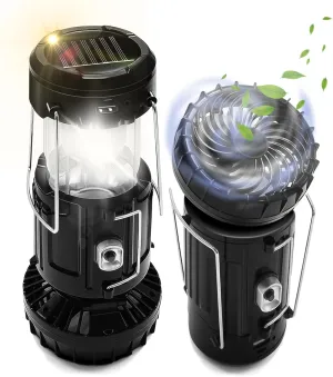 2-Pack Solar Camping Fan w/ Lantern, DIBMS Collapsible Solar Powered USB Rechargeable & Battery Powered Emergency Hanging Lights for Camping Tent Hurricanes Power Outages Storm Indoor Outdoor