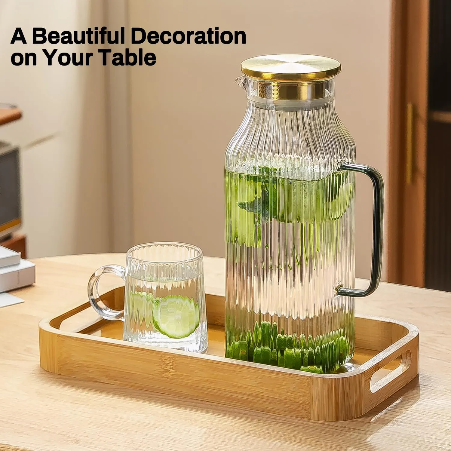 2 PACK Square Glass Pitcher with Lid and Spout,68 oz/2 Liter Vertical Stripes Water Pitcher for Fridge, Borosilicate Glass Water Carafe for Cold Brew, Coffee, Lemonade, Sun Tea,Heat Resistant