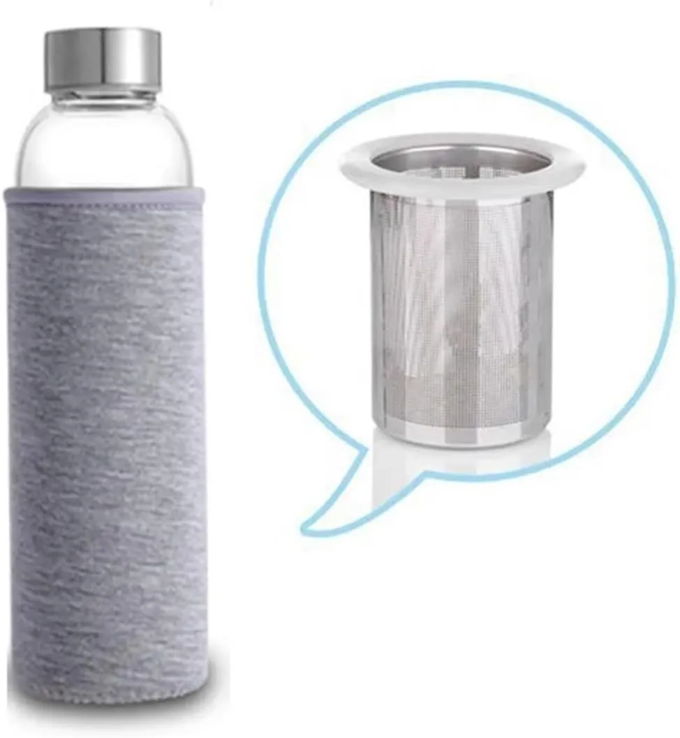 2 Pcs 550ML High Temperature Resistant Glass Sport Water Bottle with Tea Infuser   Protective Bag Water Bottle(Gray)