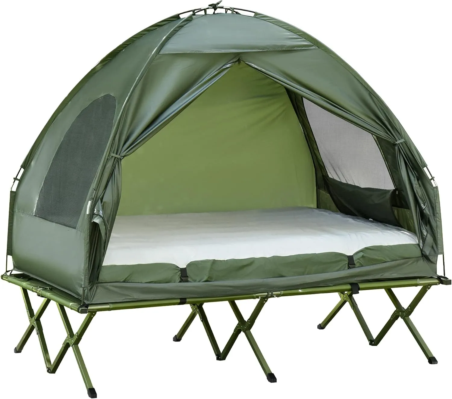 2 Person Foldable Camping Cot with Tent, Bedspread and Thick Air Mattress, 4-in-1 Elevated Camping Bed Tent for Outdoor Hiking, Picnic, Travel