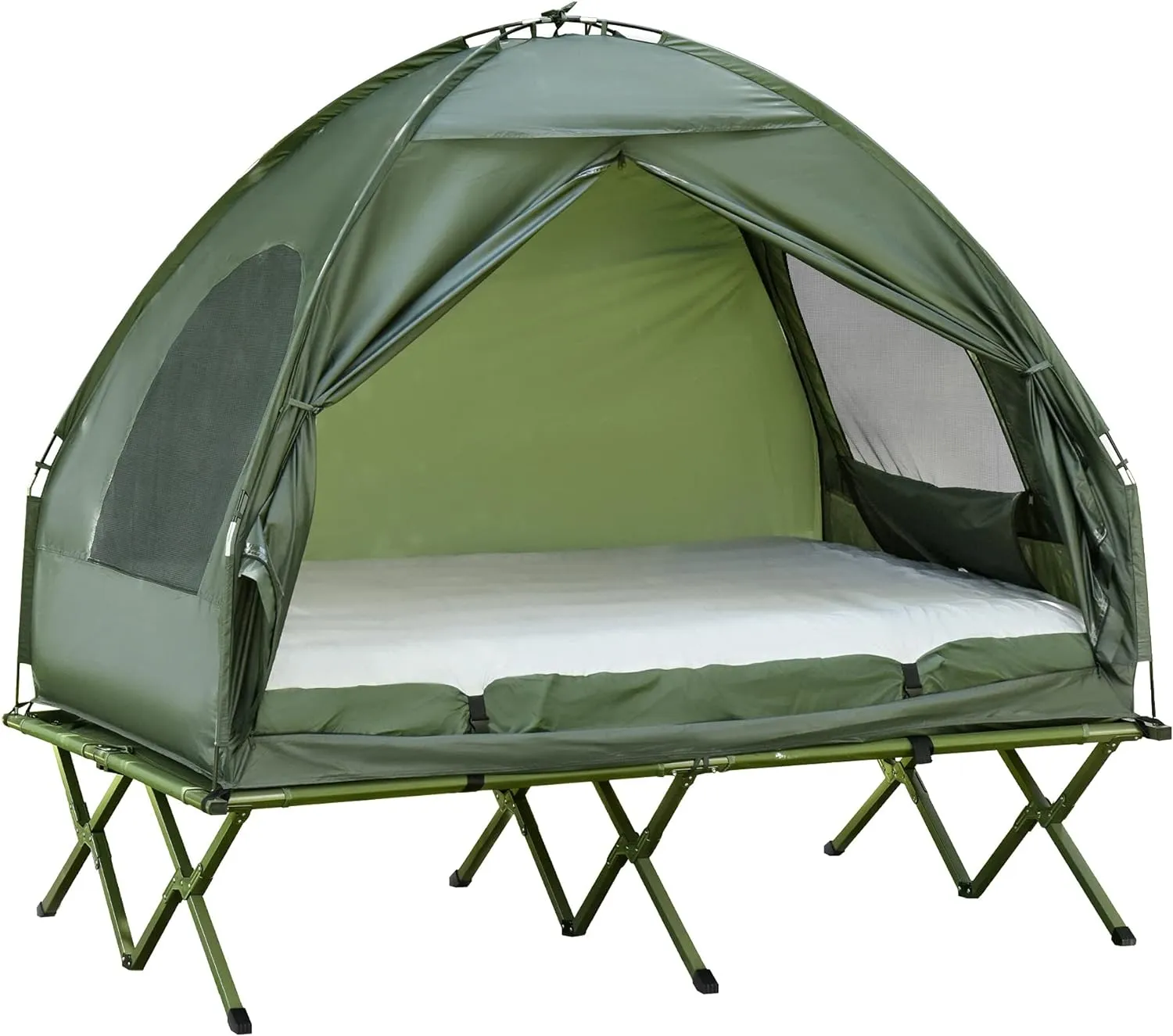 2 Person Foldable Camping Cot with Tent, Bedspread and Thick Air Mattress, 4 in 1 Elevated Camping Bed Tent for Outdoor Hiking, Picnic, Travel