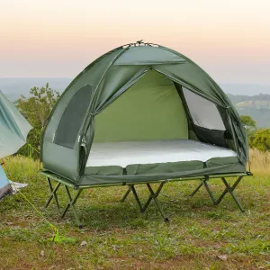 2 Person Foldable Camping Cot with Tent, Double Tent Bed with Bedspread and Thick Air Mattress, 4-in-1 Elevated Camping Tent Bed with Carry Bag, Suitable for Outdoor Hiking, Picnic, Travel