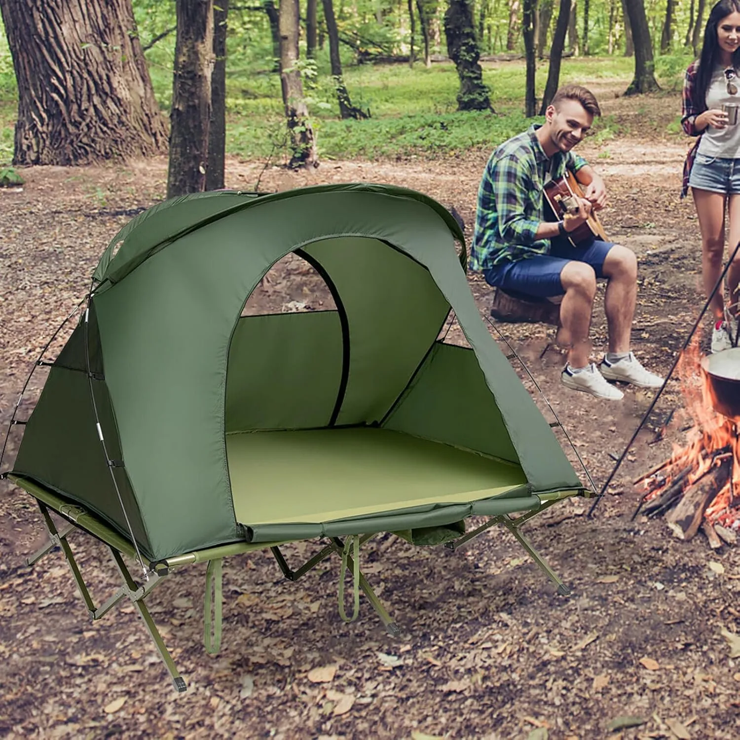 2-Person Folding Camping Tent Cots, 4-in-1 Cot Combo with Air Mattress,Waterproof Rainfly & Roller Carrying Bag, Off Ground Elevated Cot Tent for Hiking, Fishing, Picnic,Camping