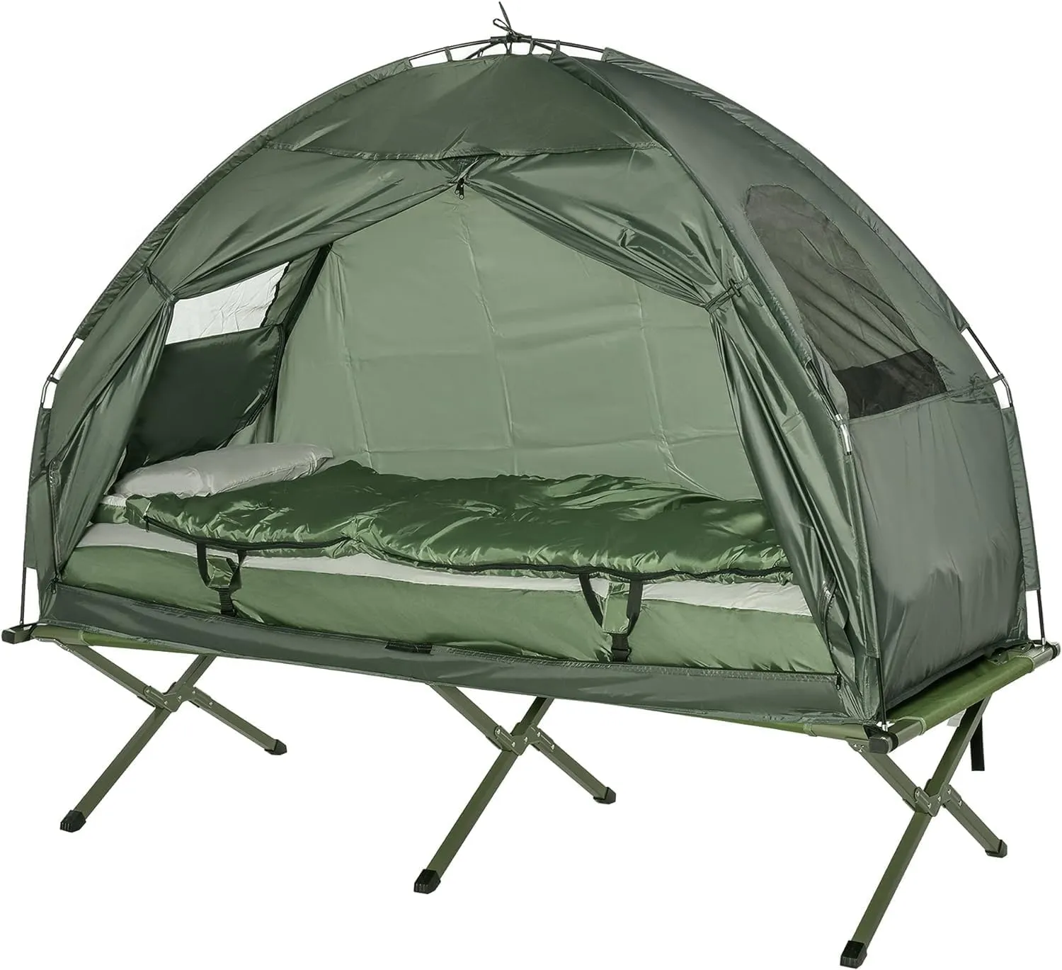 2-Person Tent Cot, Foldable Camping Tent Setup in 60 Seconds, Elevated Tent with Sleeping Bag, Thick Air Mattress Pad, Single Sleeping Cot for Family Camping & Hiking, Medium, Dark Green