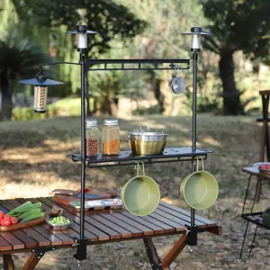 2 Tier Camping Foldable Storage Rack Multifunctional Aluminum Table Stand Foldable Camping Hanging Rack with Lantern Stand Portable Camping Gear Storage for Hanging Light Tools Cookware