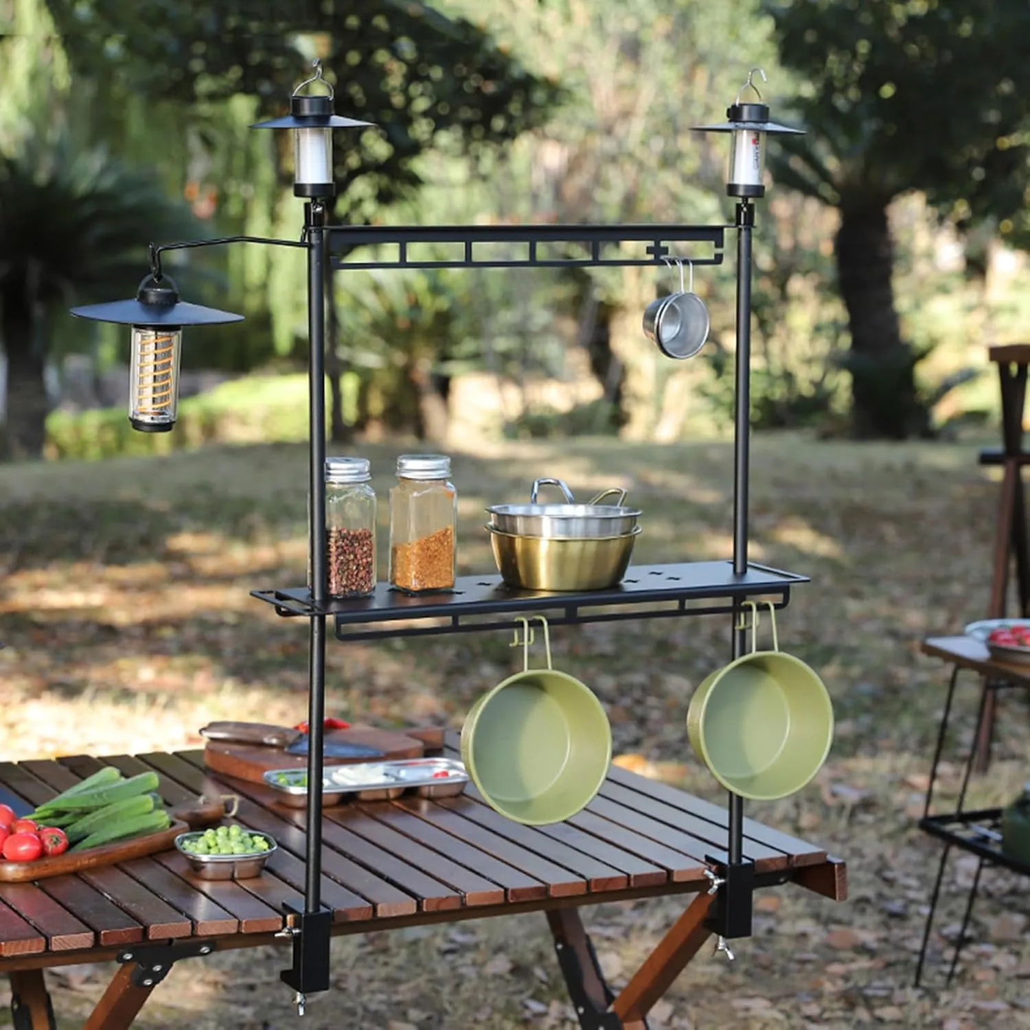 2 Tier Camping Foldable Storage Rack Multifunctional Aluminum Table Stand Foldable Camping Hanging Rack with Lantern Stand Portable Camping Gear Storage for Hanging Light Tools Cookware