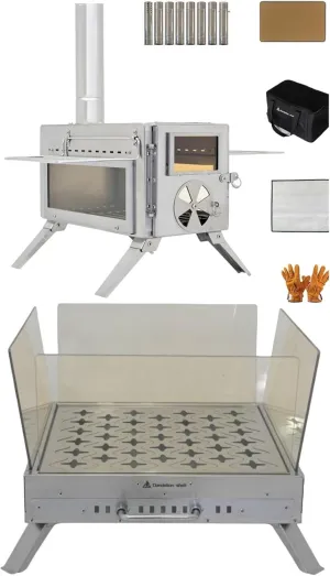 2 Wood Stoves - Wood Stove Portable With 7 Stainless Steel Insulated Chimneys for Camping tents (304 Stainsteel)   Wood Stove Uncapped (304 Stainsteel) Double The Warmth