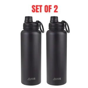 2 x Oasis 1.1L Stainless Steel Insulated Sports Bottle with Screw Cap - Black