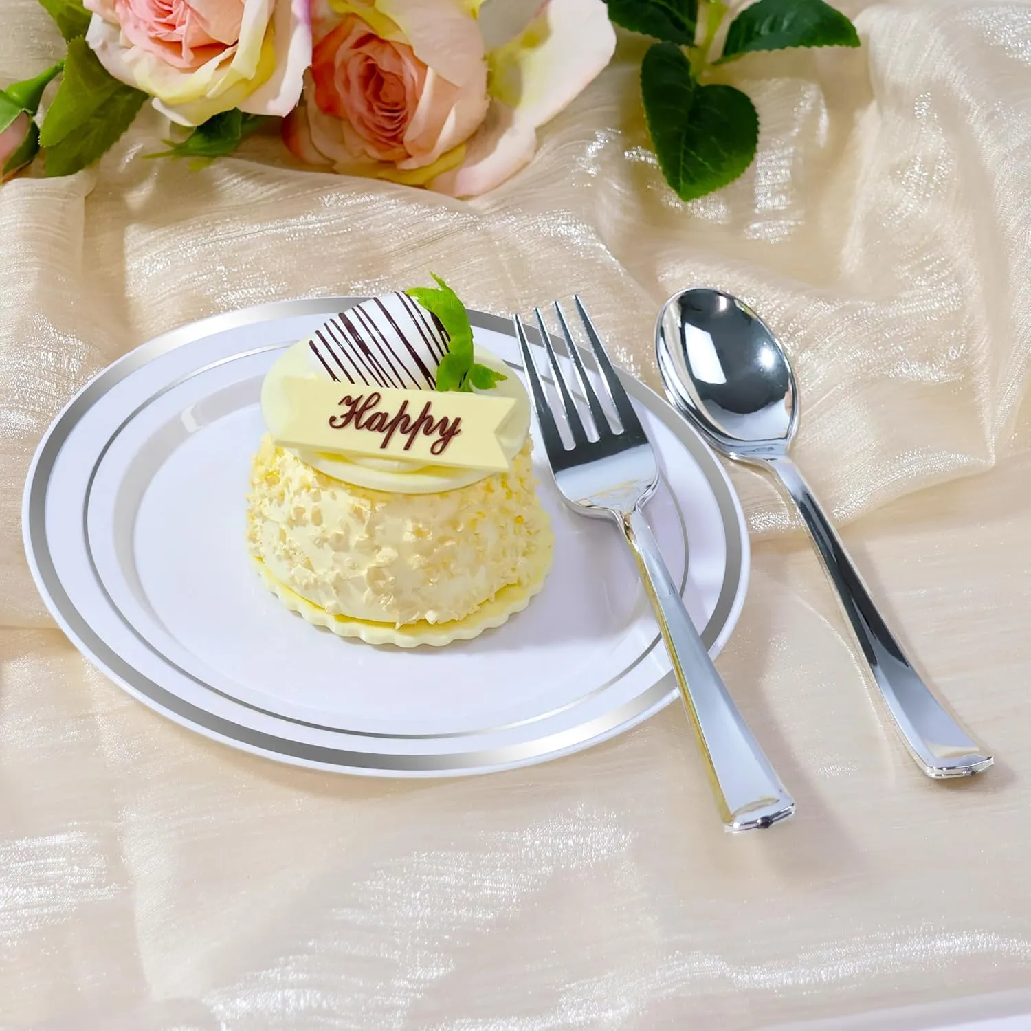 200 PCS Silver Plastic Plates, Silver Plastic Disposable Plates Include 100 Dinner Plate and 100 Dessert Plate Perfect for Holiday, Birthday, Wedding & Party