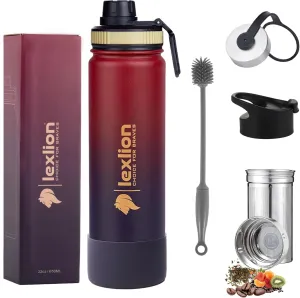 22 Oz Fruit Infuser Water Bottle - Triple Walled Insulated Stainless Steel, Thermal Leaf Infuser, Silicone Sleeve, 3 Leakproof Lids, Metal Mug Gallon