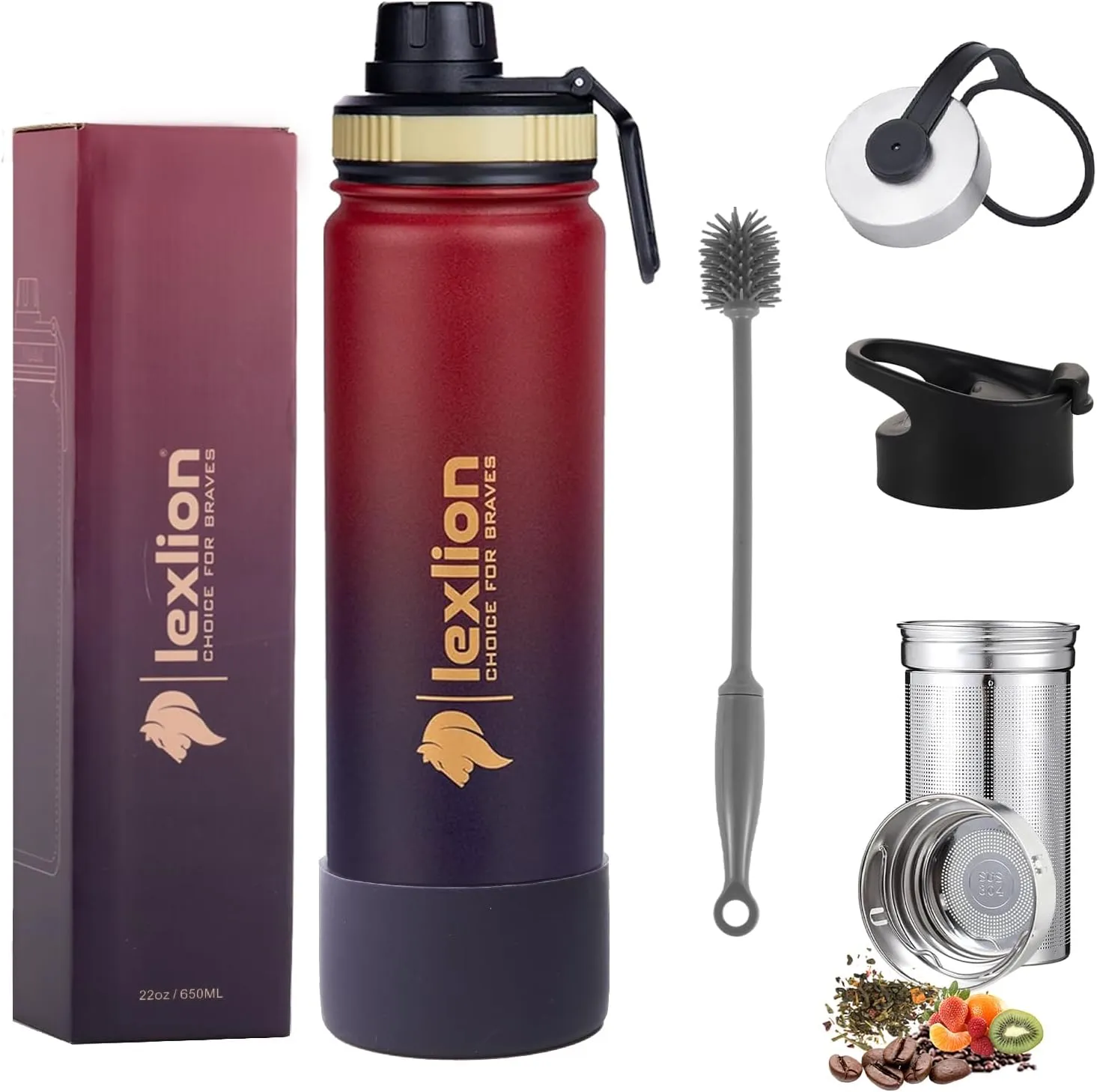 22 Oz Fruit Infuser Water Bottle - Triple Walled Insulated Stainless Steel, Thermal Leaf Infuser, Silicone Sleeve, 3 Leakproof Lids, Metal Mug Gallon