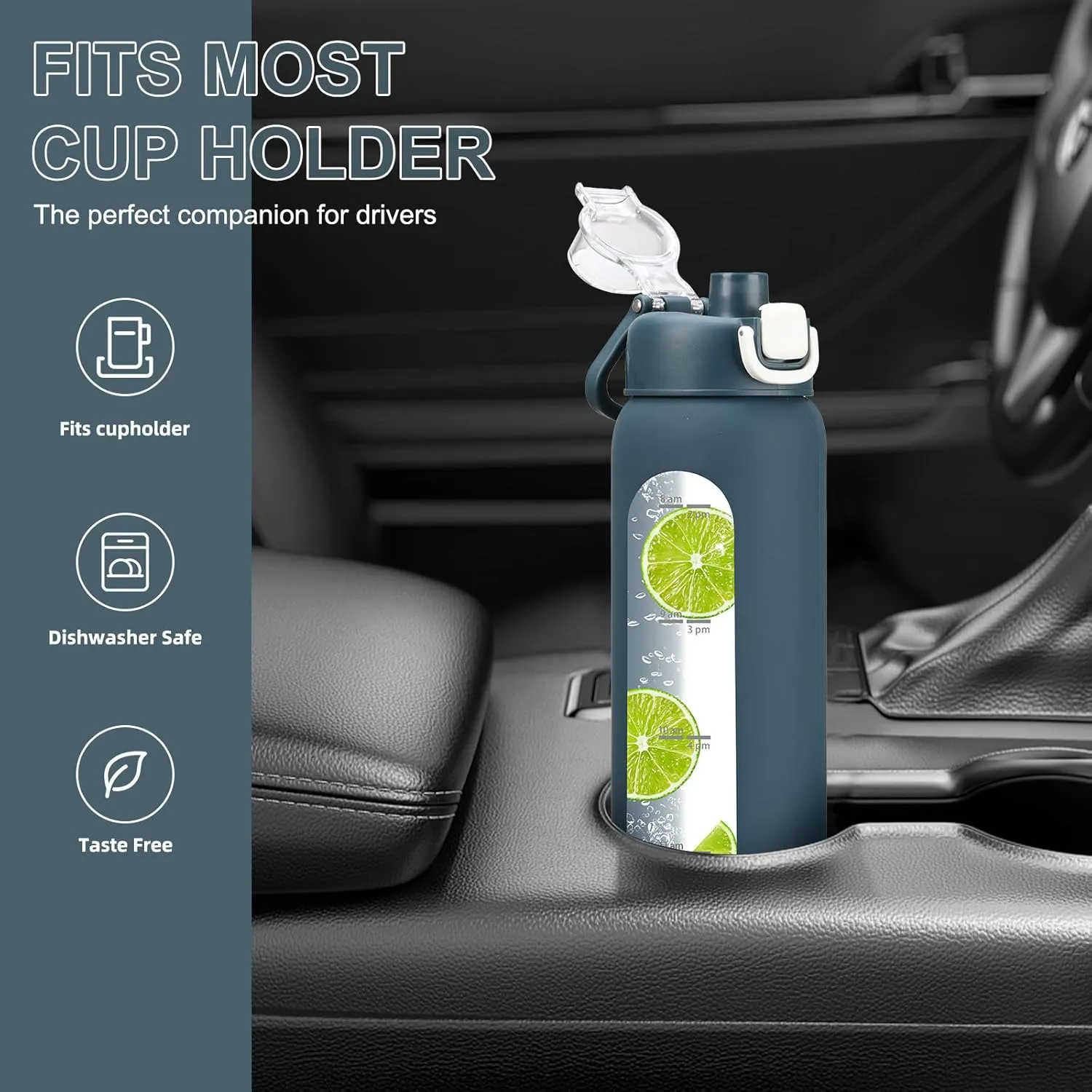 24 oz Glass Water Bottles with 2 Lids-Handle Spout Lid & Straw Lid, Motivational Water Bottle with Time Marker and Silicone Sleeve,Leakproof-Dark Blue-1 Pack
