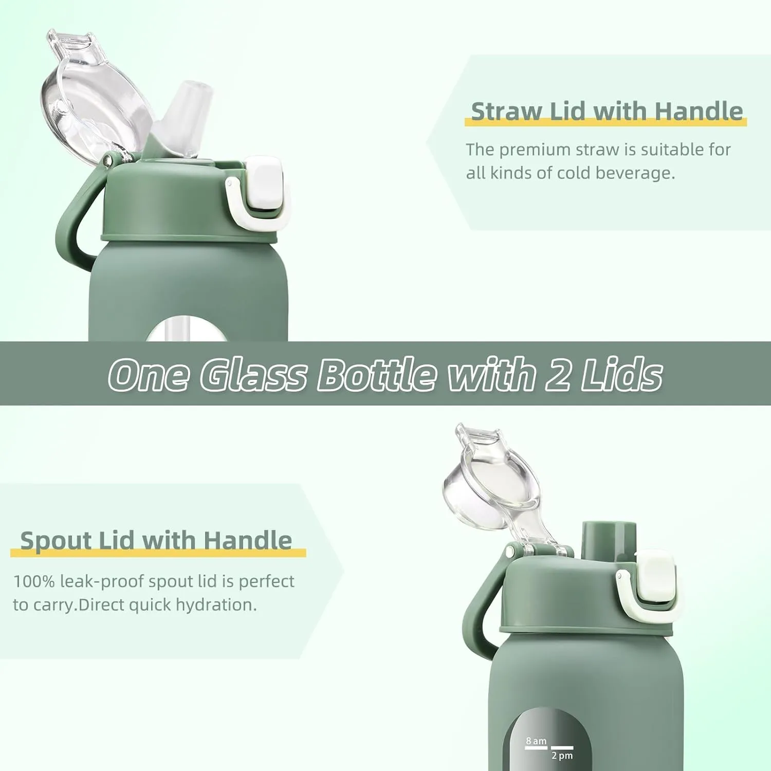 24 oz Glass Water Bottles with 2 Lids-Handle Spout Lid & Straw Lid, Motivational Water Bottle with Time Marker and Silicone Sleeve,Leakproof-Olive-1 Pack