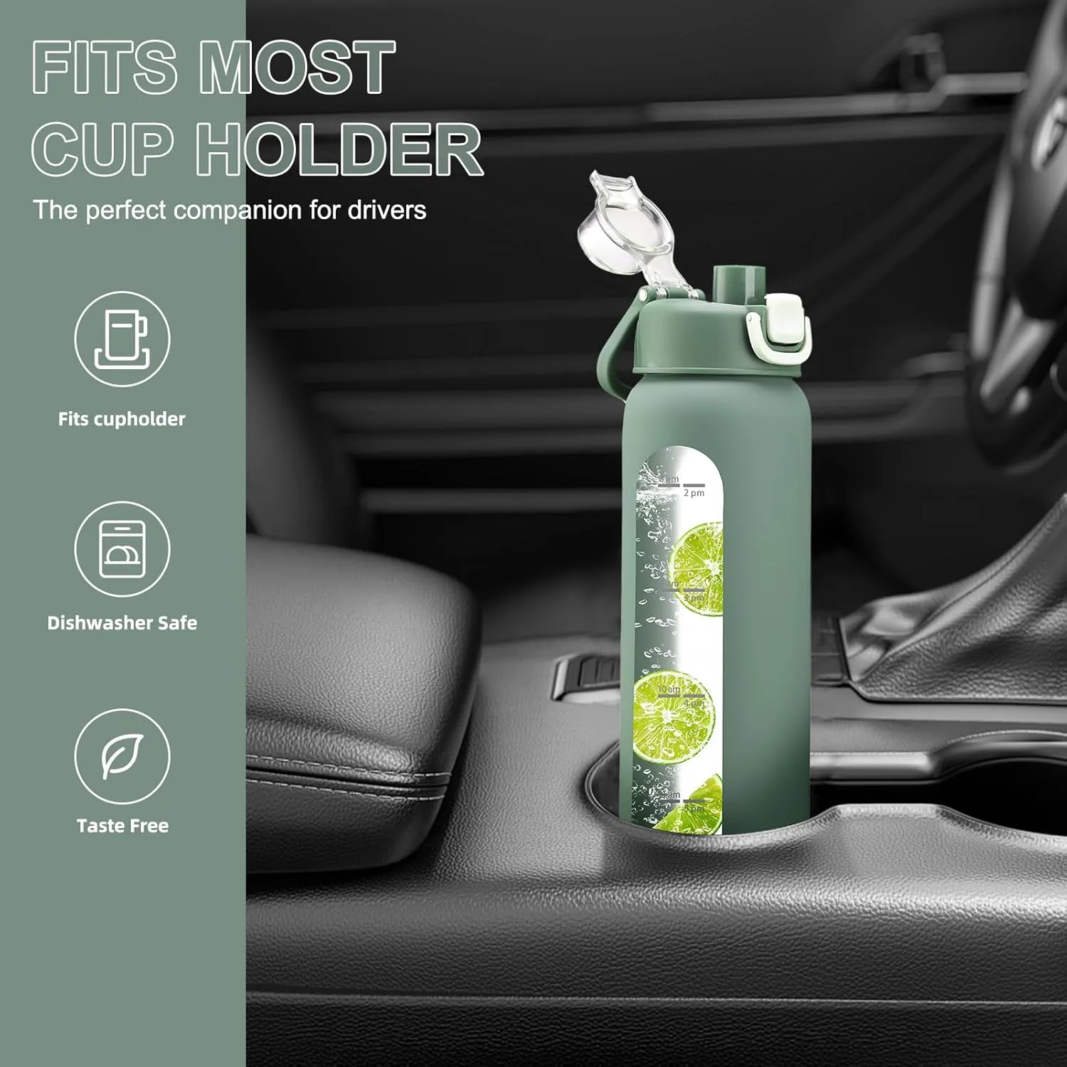24 oz Glass Water Bottles with 2 Lids-Handle Spout Lid & Straw Lid, Motivational Water Bottle with Time Marker and Silicone Sleeve,Leakproof-Olive-1 Pack