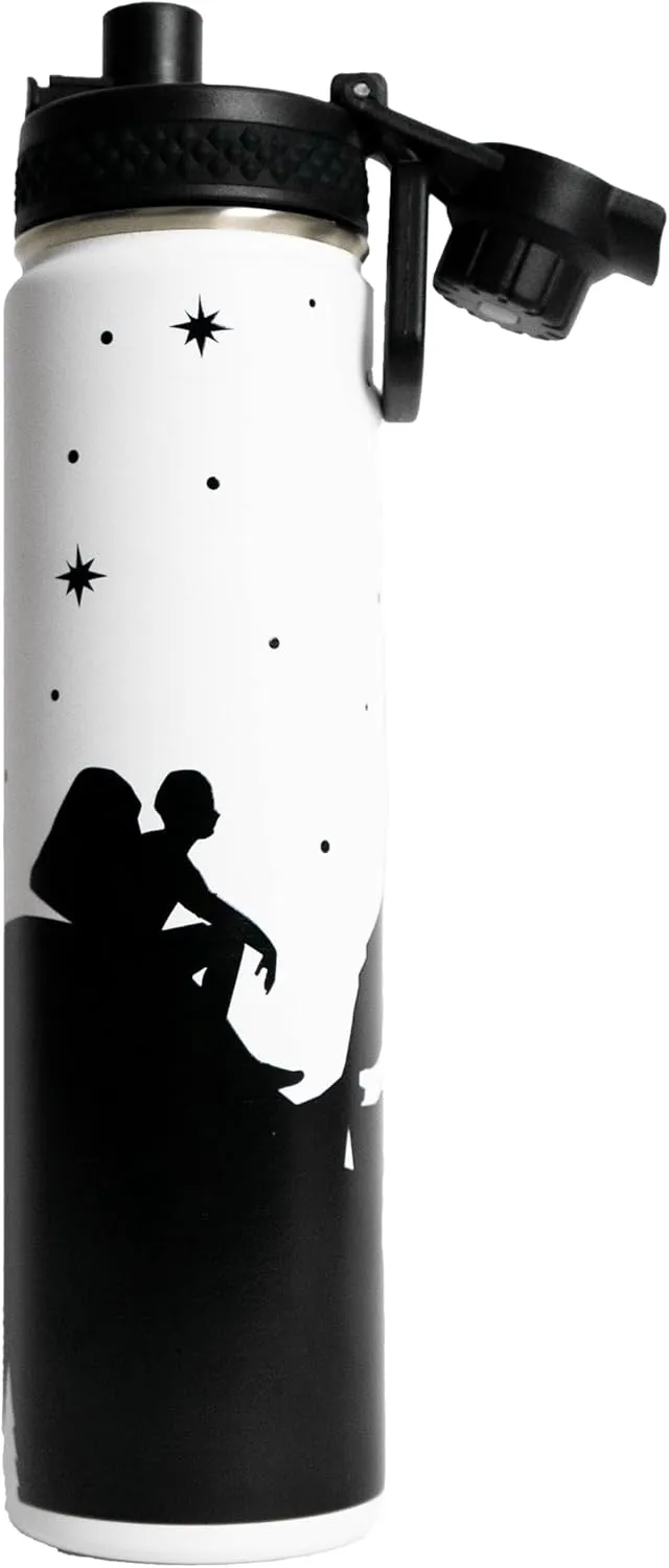 24 Oz Water Bottle with Spout Style Lid, Leak Proof, Hot & Cold, Adventure Themed Design (White)