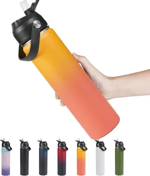 24oz Insulated Stainless Steel Water Bottle, Wide Mouth Double Wall Vacuum, Silicone Straw, Sweat & Leak Proof, BPA Free Insulated Water Flask for Travel, Keep Cold 24h Hot 12h, Orange
