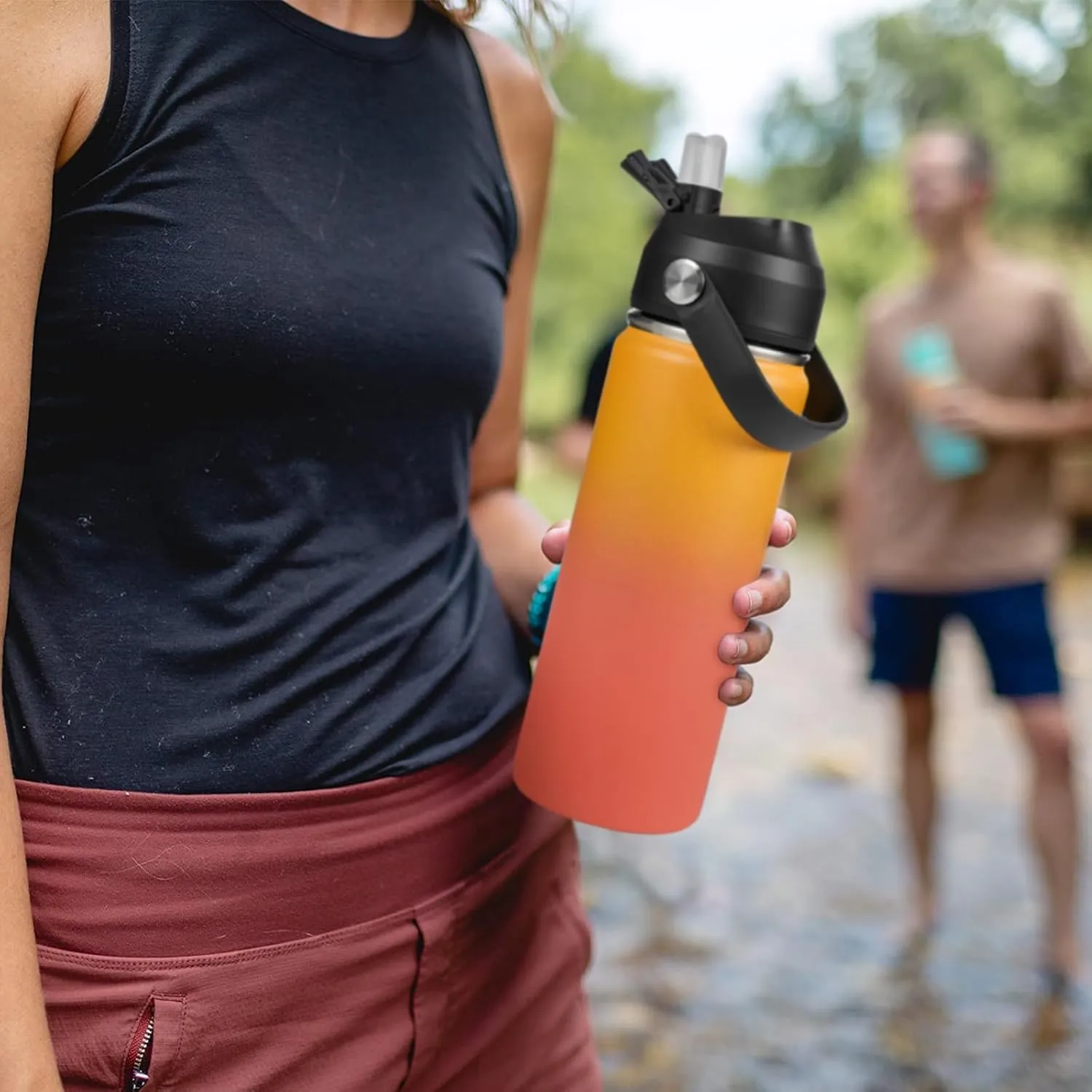 24oz Insulated Stainless Steel Water Bottle, Wide Mouth Double Wall Vacuum, Silicone Straw, Sweat & Leak Proof, BPA Free Insulated Water Flask for Travel, Keep Cold 24h Hot 12h, Orange
