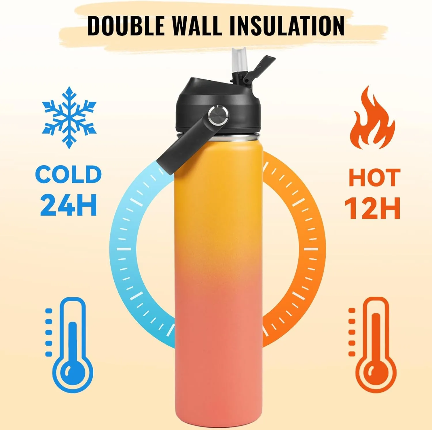 24oz Insulated Stainless Steel Water Bottle, Wide Mouth Double Wall Vacuum, Silicone Straw, Sweat & Leak Proof, BPA Free Insulated Water Flask for Travel, Keep Cold 24h Hot 12h, Orange