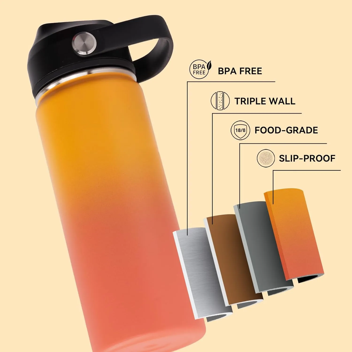 24oz Insulated Stainless Steel Water Bottle, Wide Mouth Double Wall Vacuum, Silicone Straw, Sweat & Leak Proof, BPA Free Insulated Water Flask for Travel, Keep Cold 24h Hot 12h, Orange