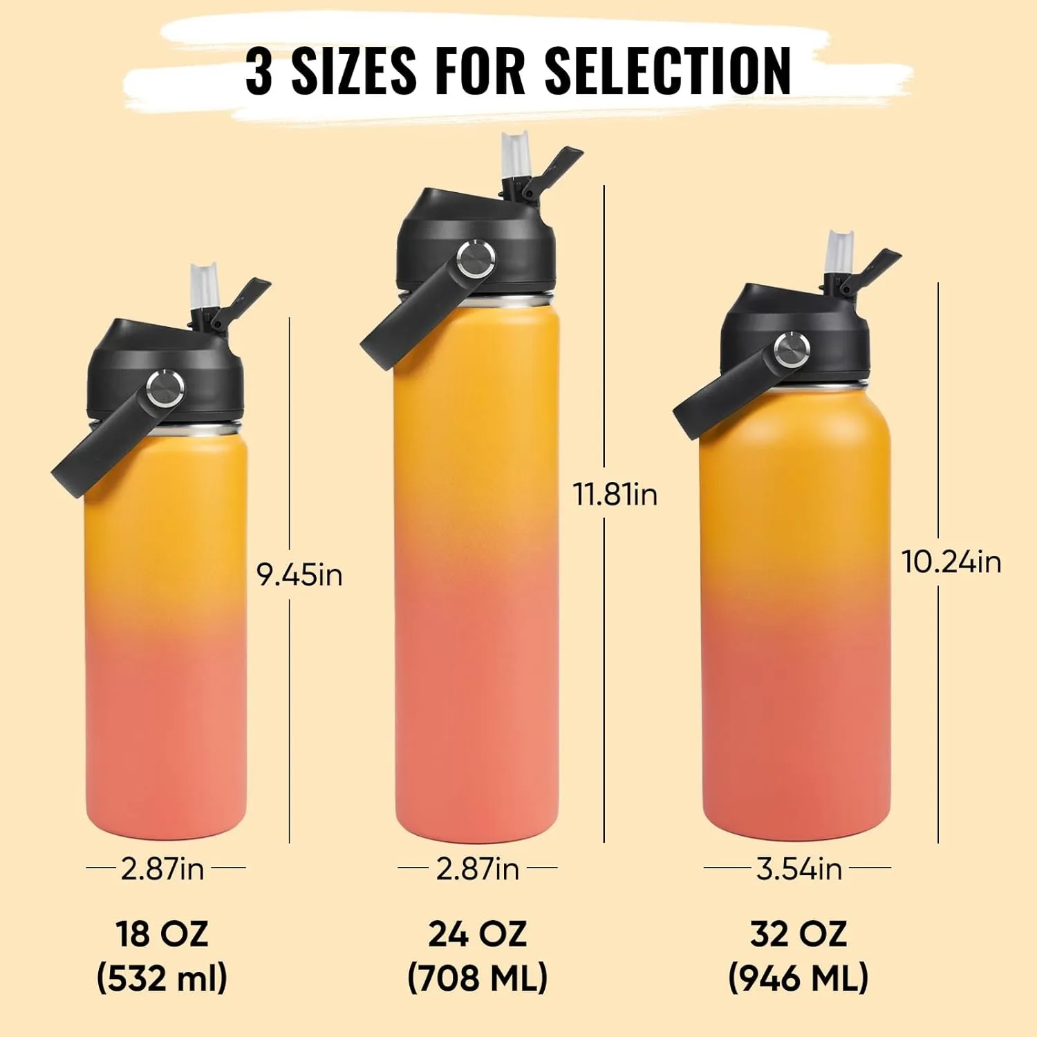 24oz Insulated Stainless Steel Water Bottle, Wide Mouth Double Wall Vacuum, Silicone Straw, Sweat & Leak Proof, BPA Free Insulated Water Flask for Travel, Keep Cold 24h Hot 12h, Orange