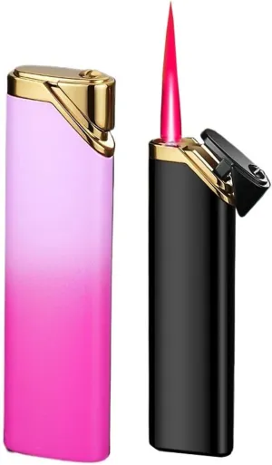 2pcs Butane Lighter，Windproof Jet red Flame Lighter，Portable Metal Torch Lighters for Women/Men's Lovers Gifts [Can Be Put Cigarette Box] (Color : Black Pink)