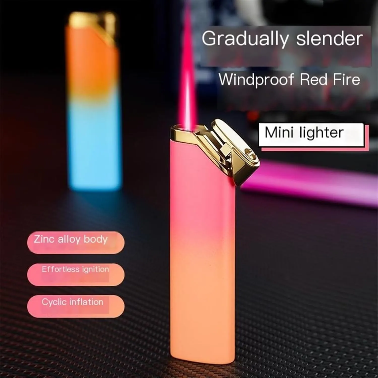 2pcs Butane Lighter，Windproof Jet red Flame Lighter，Portable Metal Torch Lighters for Women/Men's Lovers Gifts [Can Be Put Cigarette Box] (Color : Black Pink)