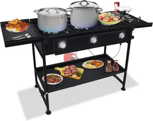 3 Burner Propane Stove -225,000 High btu Propane Burner Camping Stove, Steel 3 Burner Camp Stove Outdoor Stove Propane W/Dual Side & Adjustable Bottom Shelf & CSA-Approved 0-20 PSI Regulator & Hose