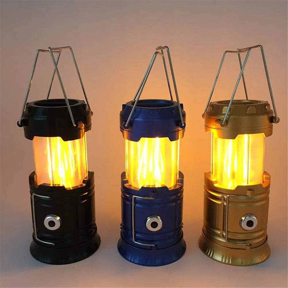 3-in-1 Camping Lantern Portable Outdoor LED Flame Lantern Flashlights Solar Camping Lantern (Black)