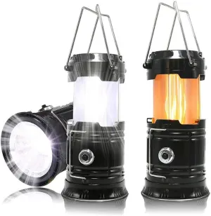 3-in-1 Camping Lantern Portable Outdoor LED Flame Lantern Flashlights Solar Camping Lantern (Black)